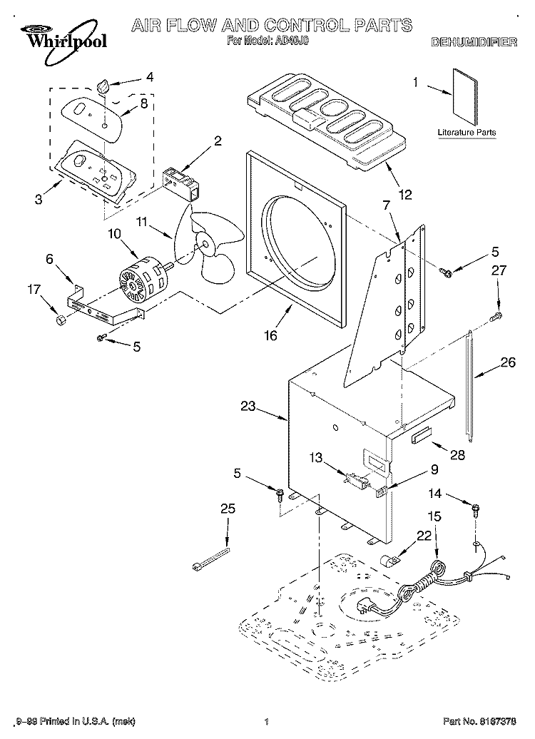 SECTION Diagram and Parts List for AD40J0  Whirlpool Dehumidifier