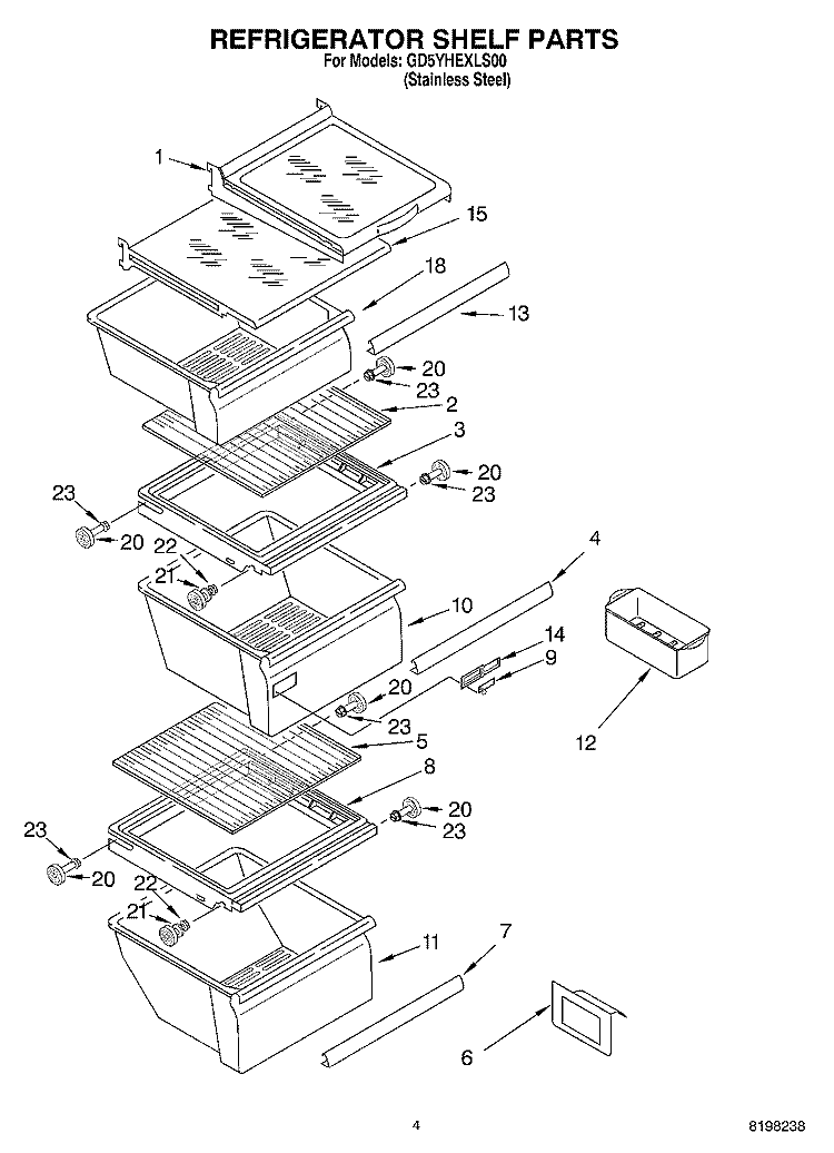 REFRIGERATOR SHELF Diagram and Parts List for GD5YHEXLS00  Whirlpool Refrigerator