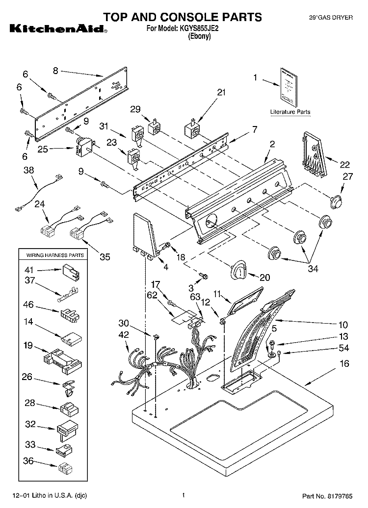 TOP AND CONSOLE, LITERATURE Diagram and Parts List for KGYS855JE2  KitchenAid Dryer