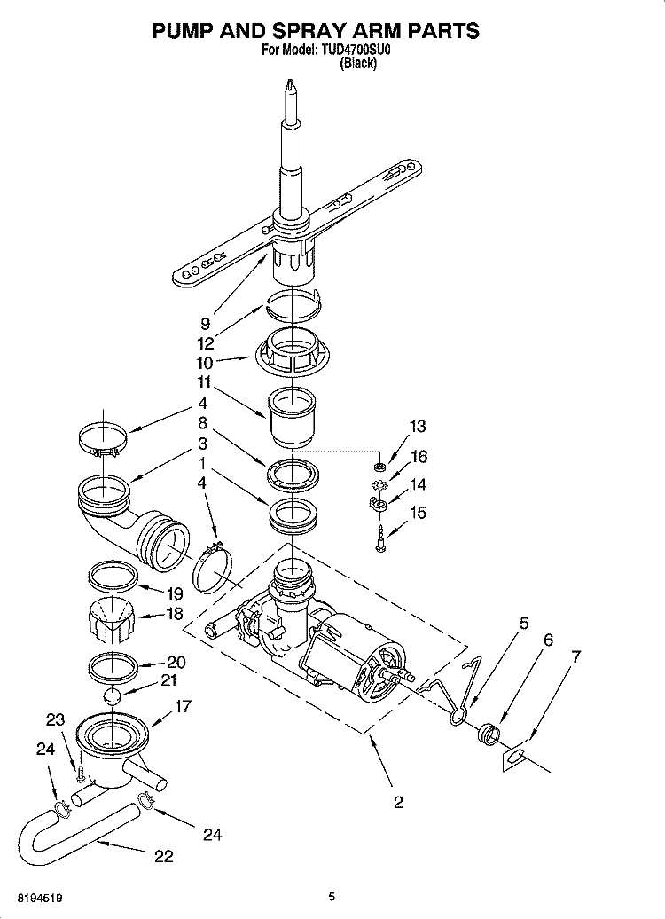 PUMP AND SPRAY ARM PARTS Diagram and Parts List for TUD4700SU0  Estate Dishwasher