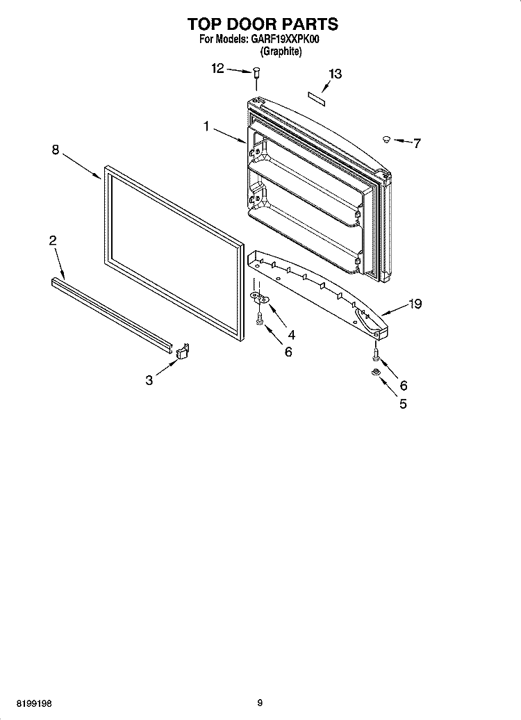 TOP DOOR PARTS Diagram and Parts List for GARF19XXPK00  Whirlpool Refrigerator