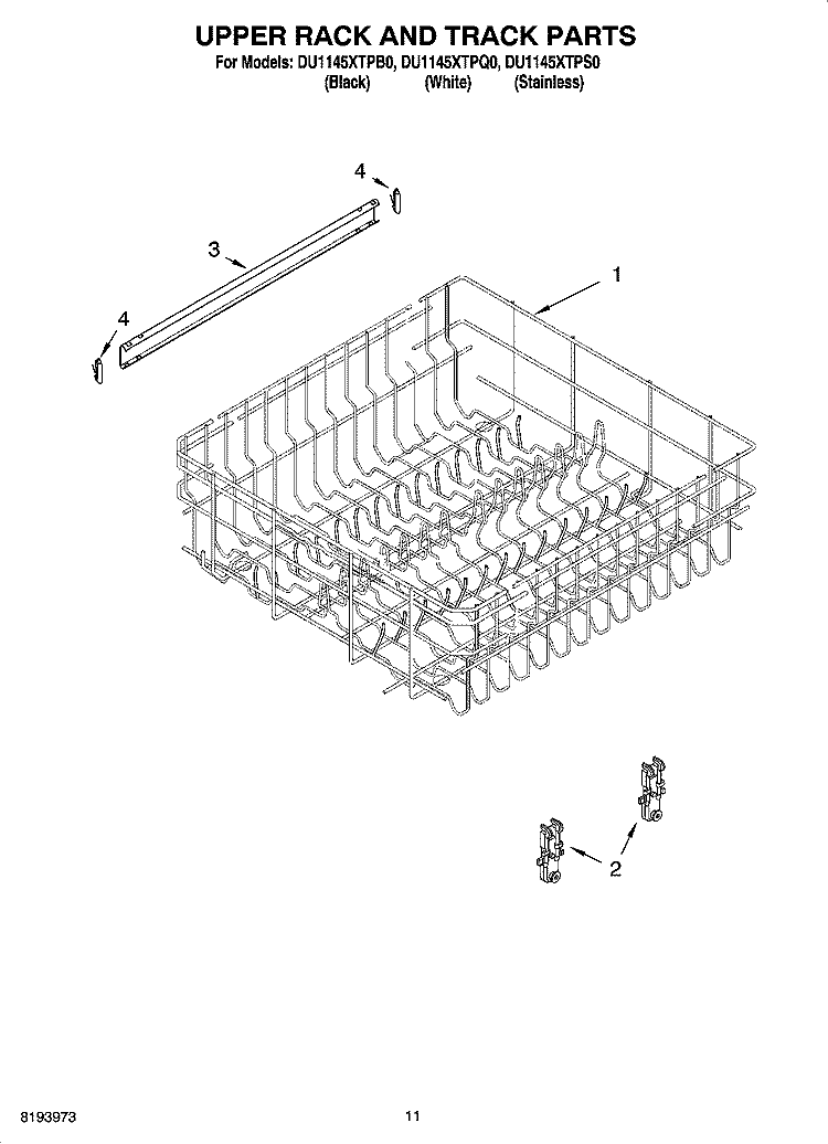 UPPER RACK AND TRACK PARTS Diagram and Parts List for DU1145XTPS0  Whirlpool Dishwasher