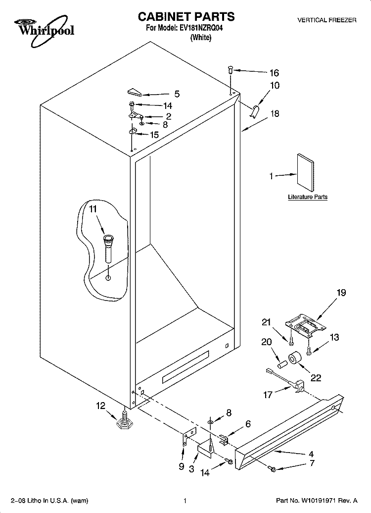 CABINET PARTS Diagram and Parts List for EV181NZRQ04  Whirlpool Freezer