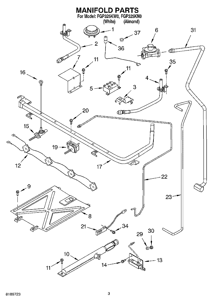 MANIFOLD Diagram and Parts List for FGP325KN0  Roper Range