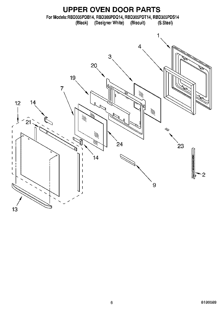 UPPER OVEN DOOR PARTS Diagram and Parts List for RBD305PDS14  Whirlpool Wall Oven