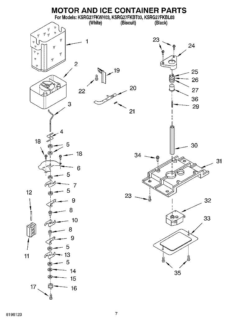 MOTOR AND ICE CONTAINER Diagram and Parts List for KSRG27FKBL03  KitchenAid Refrigerator