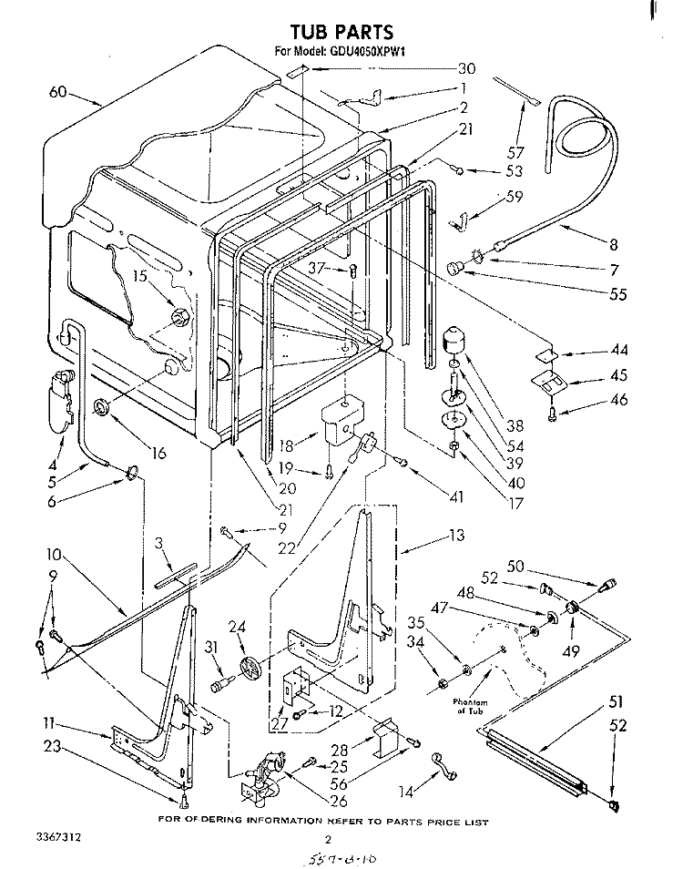 TUB Diagram and Parts List for GDU4050XPW1  Whirlpool Dishwasher