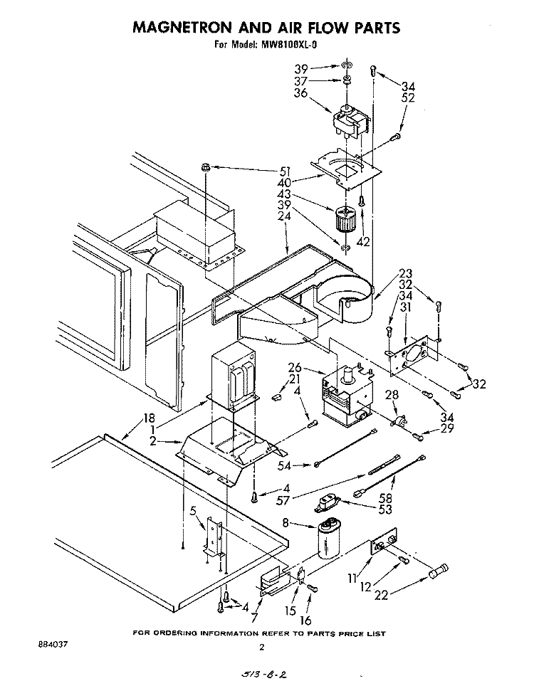 MAGNETRON AND AIR FLOW Diagram and Parts List for MW8100XL0  Whirlpool Microwave