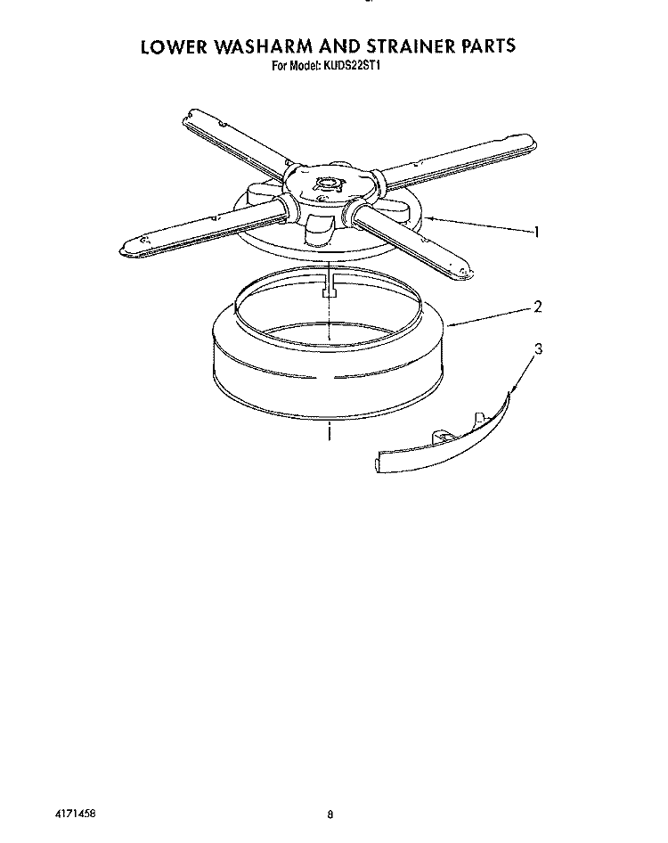 LOWER WASHARM AND STRAINER Diagram and Parts List for KUDS22ST1  KitchenAid Dishwasher