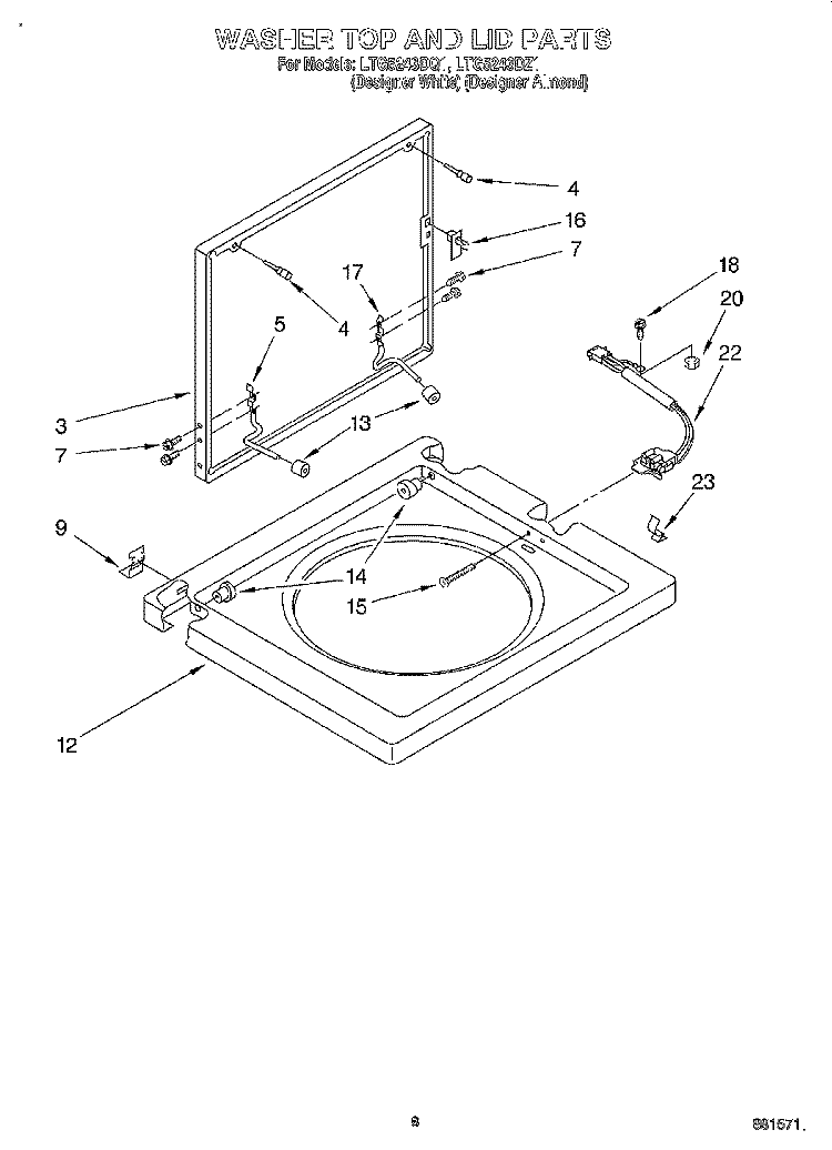WASHER TOP AND LID Diagram and Parts List for LTG5243DQ1  Whirlpool Washer Dryer Combo