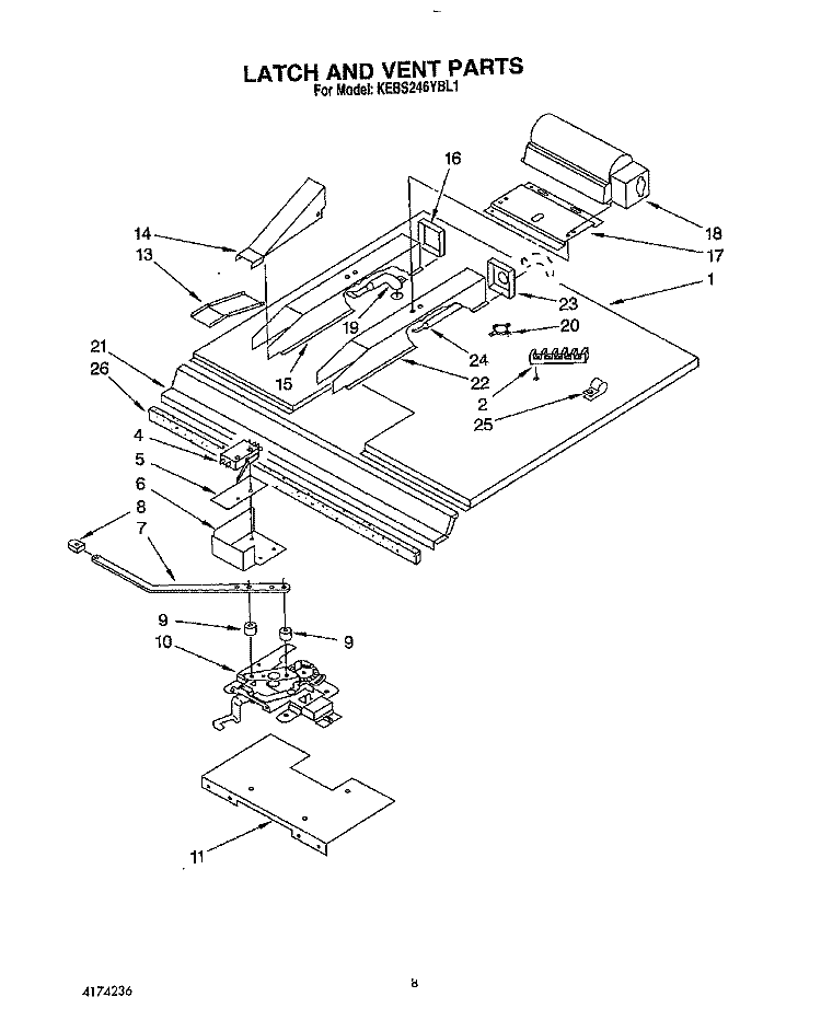 LATCH AND VENT Diagram and Parts List for KEBS246YBL1  KitchenAid Wall Oven