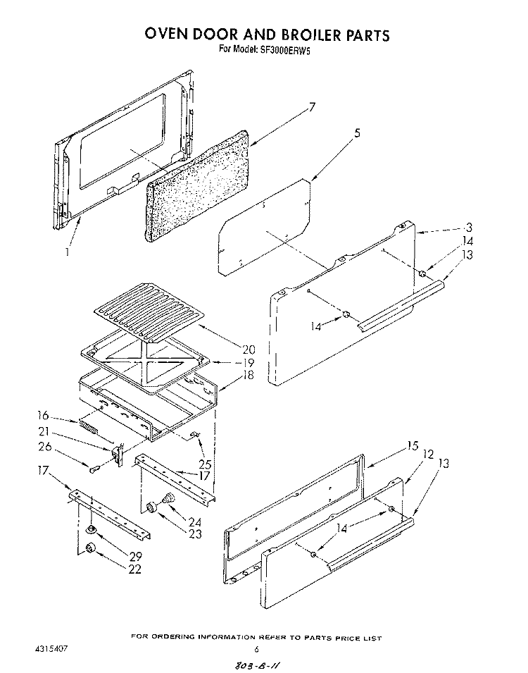 OVEN DOOR AND BROILER Diagram and Parts List for SF3000ERW5  Whirlpool Range