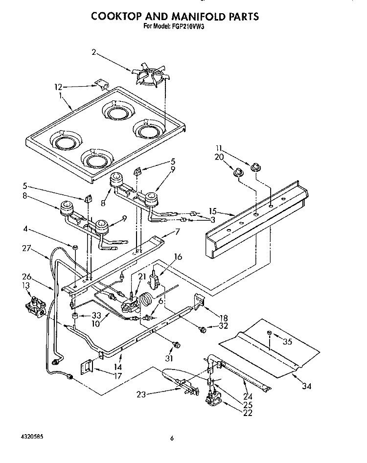 COOKTOP AND MANIFOLD, LIT/OPTIONAL Diagram and Parts List for FGP210VW3  Roper Range