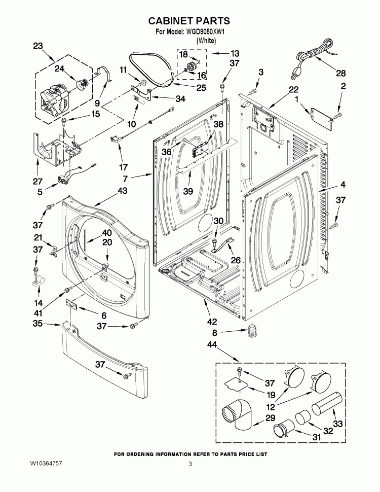 CABINET PARTS Diagram and Parts List for WGD9050XW1  Whirlpool Dryer