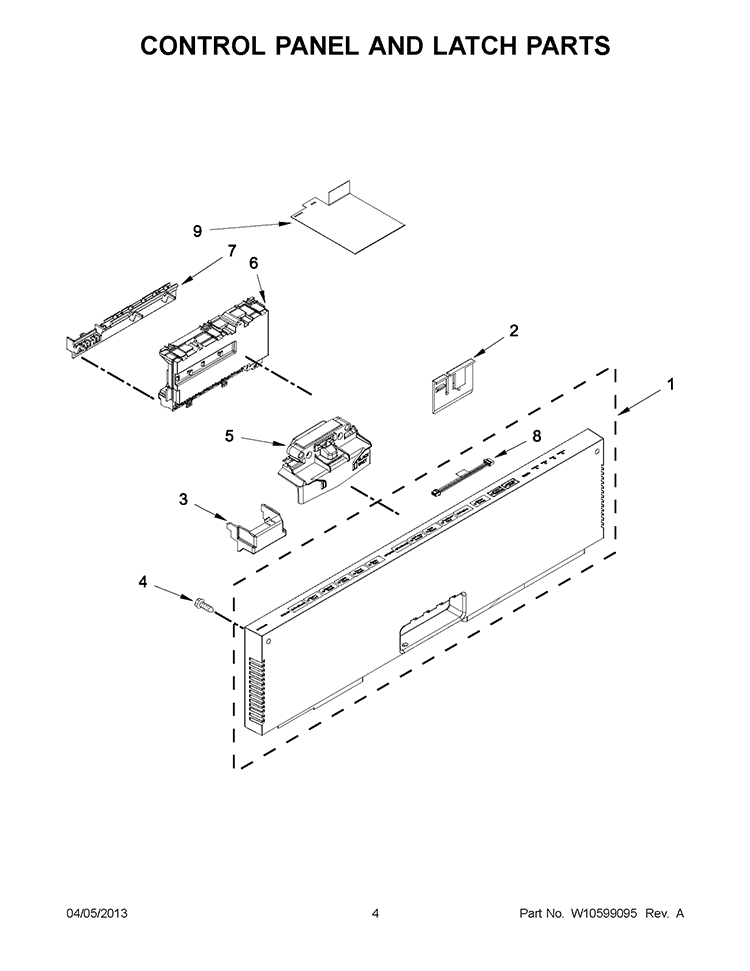 CONTROL PANEL AND LATCH PARTS Diagram and Parts List for KUDS30FXPA9  KitchenAid Dishwasher