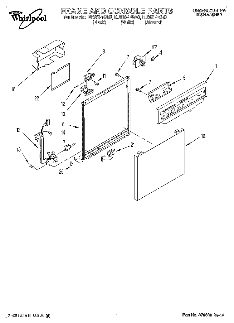 FRAME AND CONSOLE Diagram and Parts List for DU920PFGZ0  Whirlpool Dishwasher