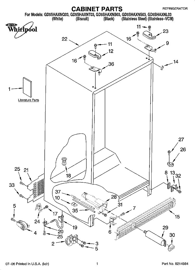 CABINET PARTS Diagram and Parts List for GD5SHAXNS03  Whirlpool Refrigerator