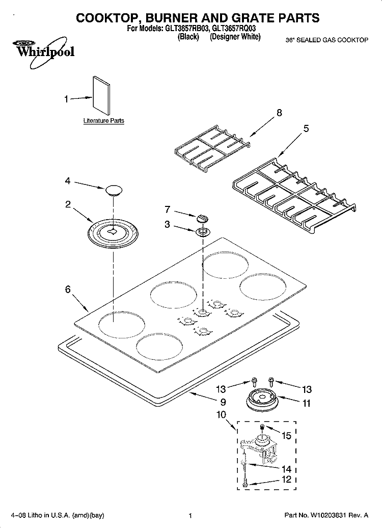 COOKTOP, BURNER AND GRATE PARTS Diagram and Parts List for GLT3657RQ03  Whirlpool Cooktop