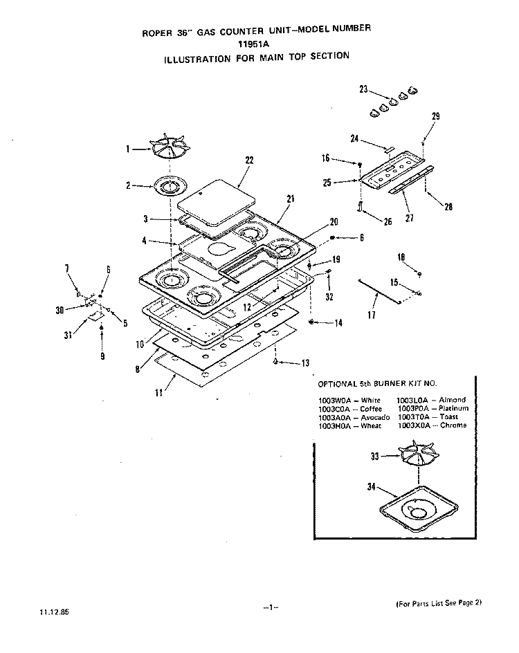 SECTION Diagram and Parts List for 1195W1A  Roper Cooktop