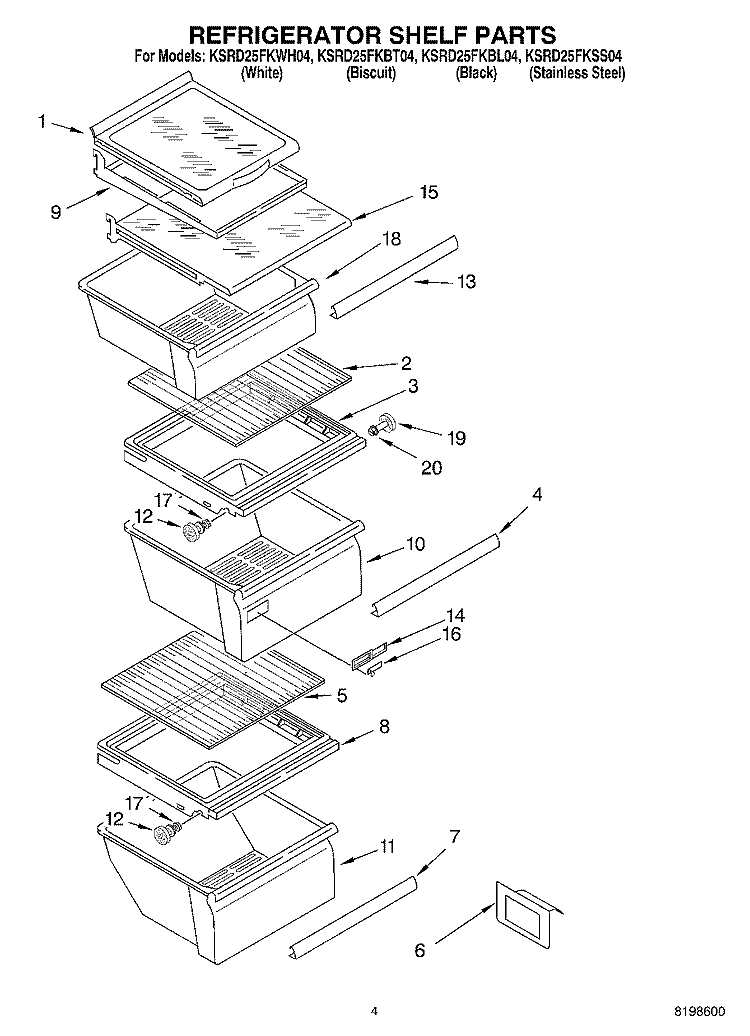 REFRIGERATOR SHELF PARTS Diagram and Parts List for KSRD25FKWH04  KitchenAid Refrigerator