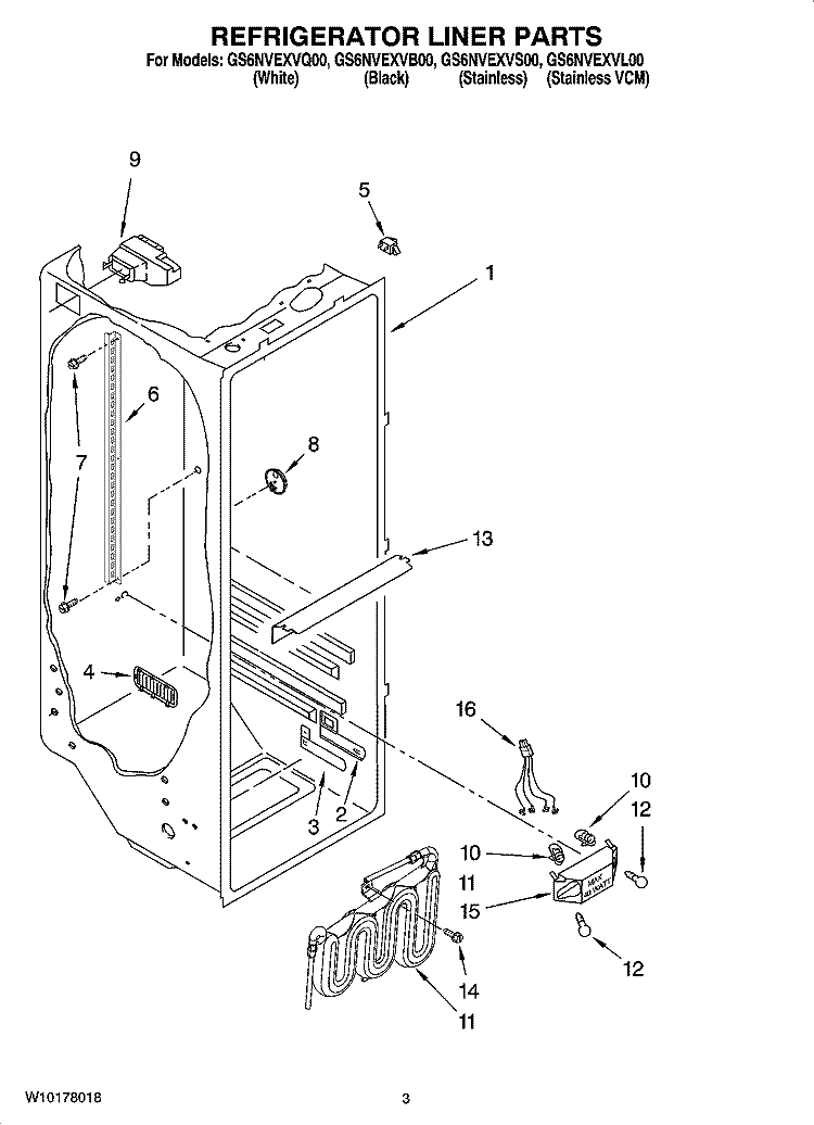REFRIGERATOR LINER PARTS Diagram and Parts List for GS6NVEXVB00  Whirlpool Refrigerator