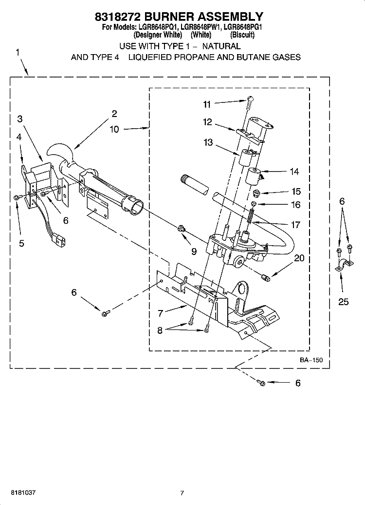8318272 BURNER ASSEMBLY, OPTIONAL PARTS (NOT INCLUDED) Diagram and Parts List for LGR8648PG1  Whirlpool Dryer