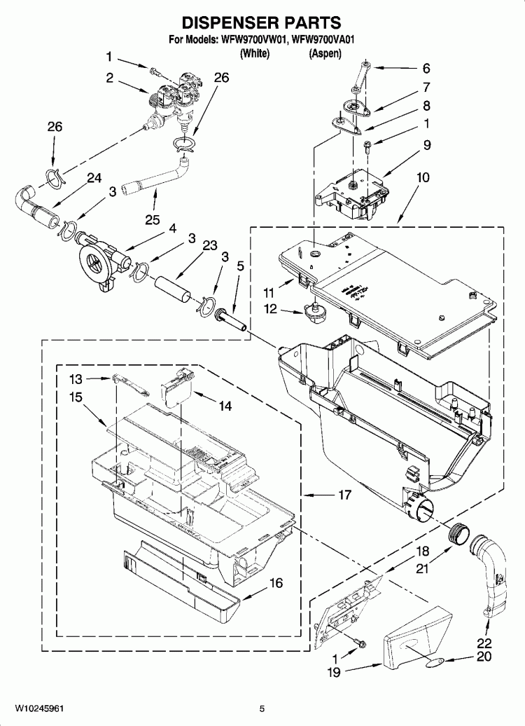 DISPENSER PARTS Diagram and Parts List for WFW9700VA01  Whirlpool Washer