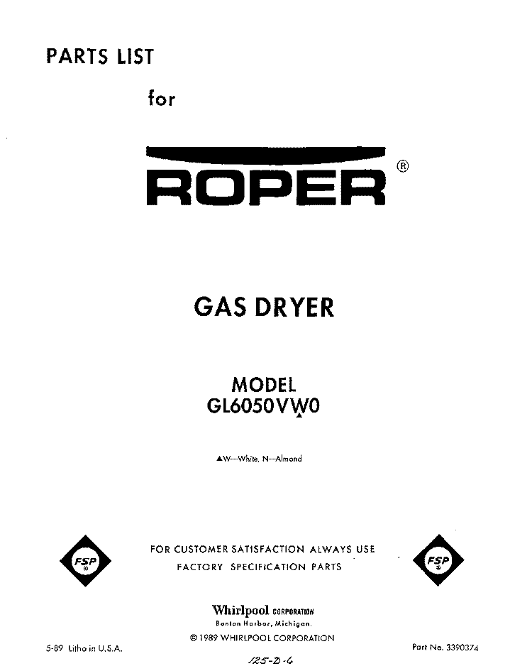 TOP AND CONSOLE , LITERATURE AND OP Diagram and Parts List for GL6050VL0  Roper Dryer