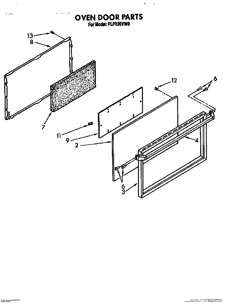 OVEN DOOR Diagram and Parts List for FGP320VW0  Roper Range