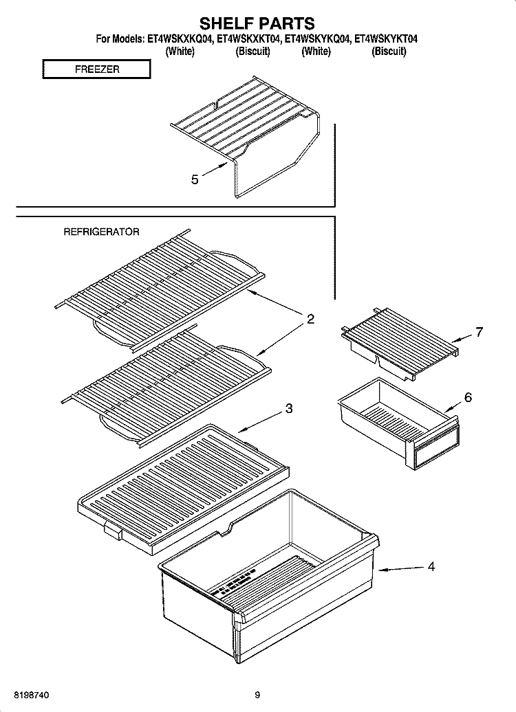 SHELF PARTS, OPTIONAL PARTS Diagram and Parts List for ET4WSKYKT04  Whirlpool Refrigerator