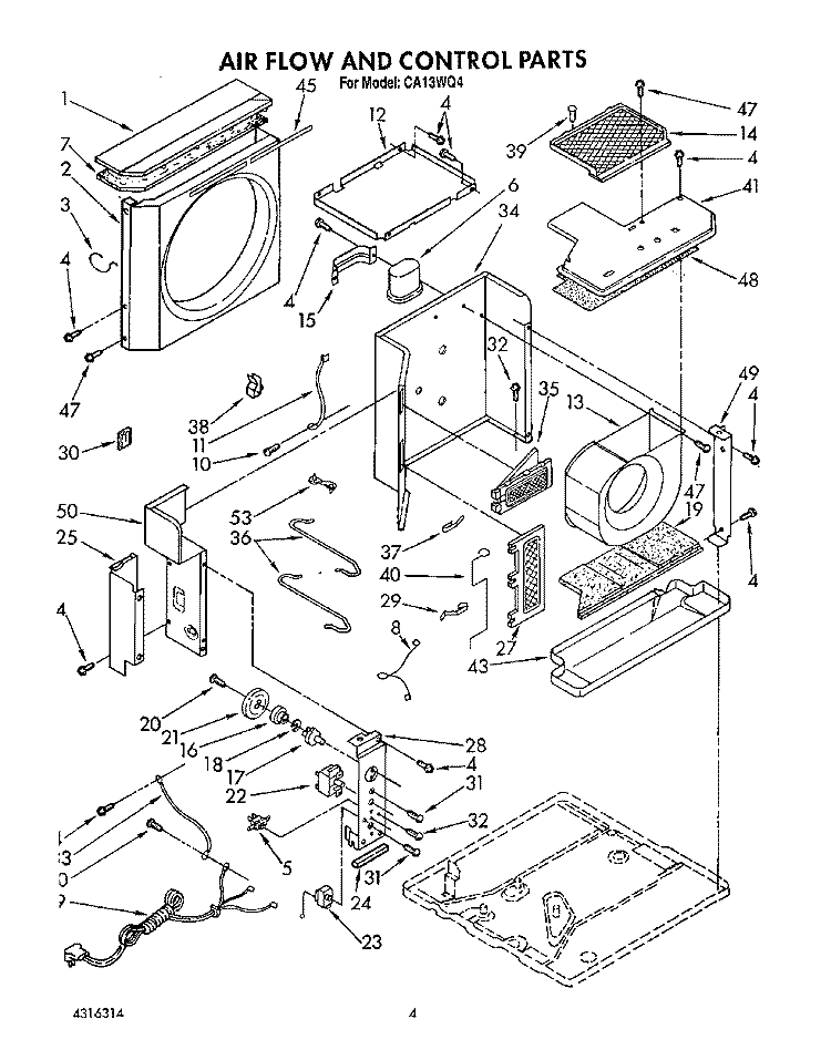 AIR FLOW AND CONTROL Diagram and Parts List for CA13WQ4  Whirlpool Air Conditioner