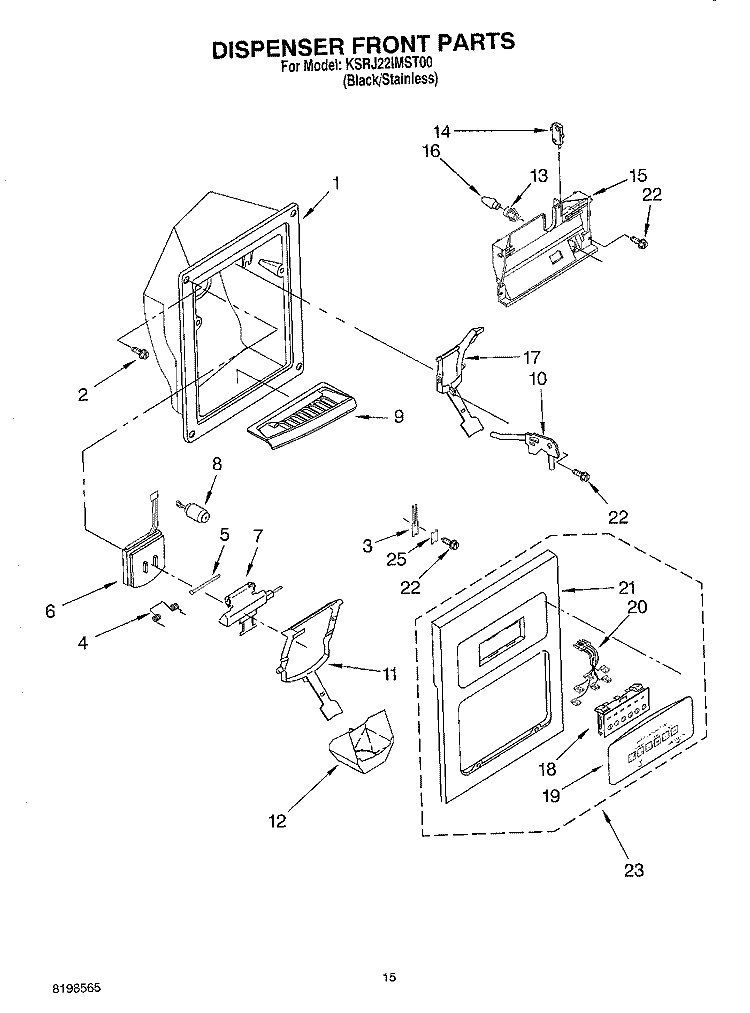 DISPENSER FRONT PARTS Diagram and Parts List for KSRJ22IMST00  KitchenAid Refrigerator