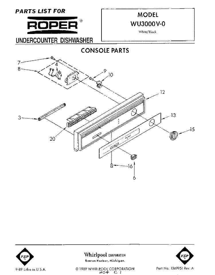 CONSOLE Diagram and Parts List for WU3000V0  Roper Dishwasher