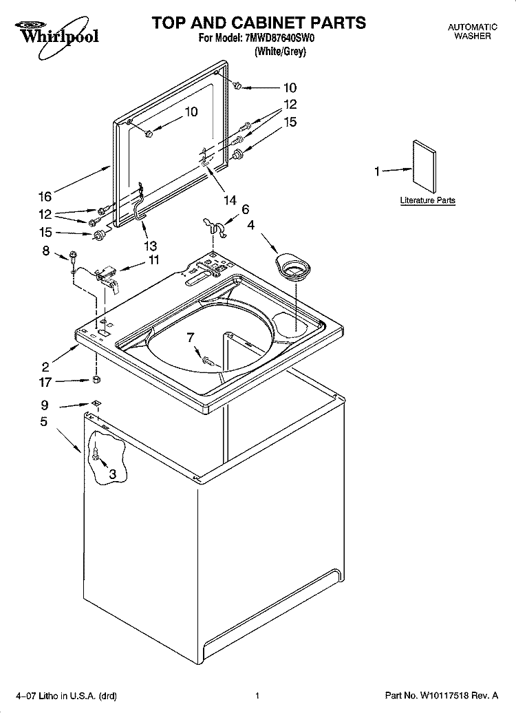 TOP AND CABINET PARTS Diagram and Parts List for 7MWD87640SW0  Whirlpool Washer