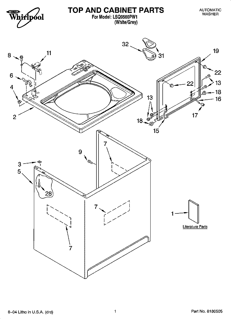 TOP AND CABINET PARTS Diagram and Parts List for LSQ9560PW1  Whirlpool Washer