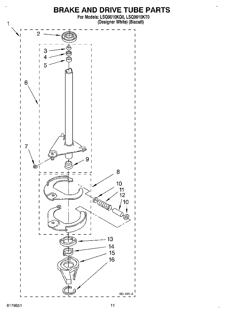 BRAKE AND DRIVE TUBE Diagram and Parts List for LSQ9010KQ0  Whirlpool Washer