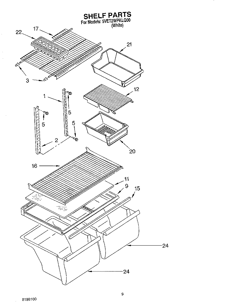 SHELF, OPTIONAL Diagram and Parts List for 5VET2WPKLQ00  Whirlpool Refrigerator