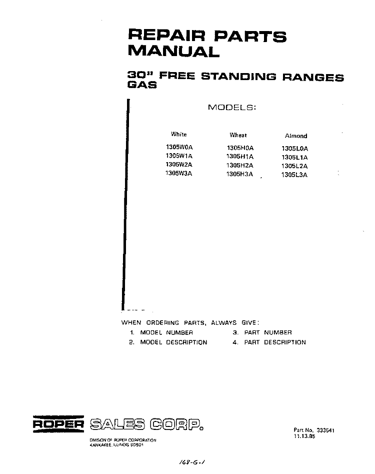 BACKGUARD Diagram and Parts List for 1305W0A  Roper Range