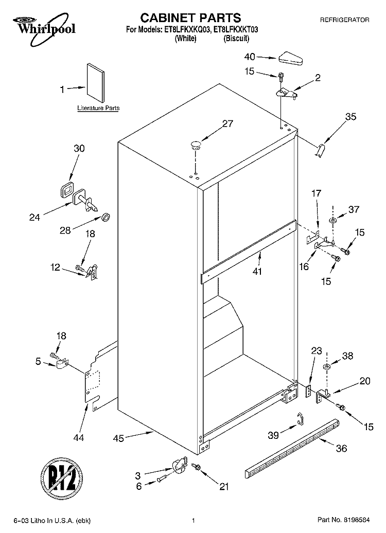 CABINET PARTS Diagram and Parts List for ET8LFKXKT03  Whirlpool Refrigerator