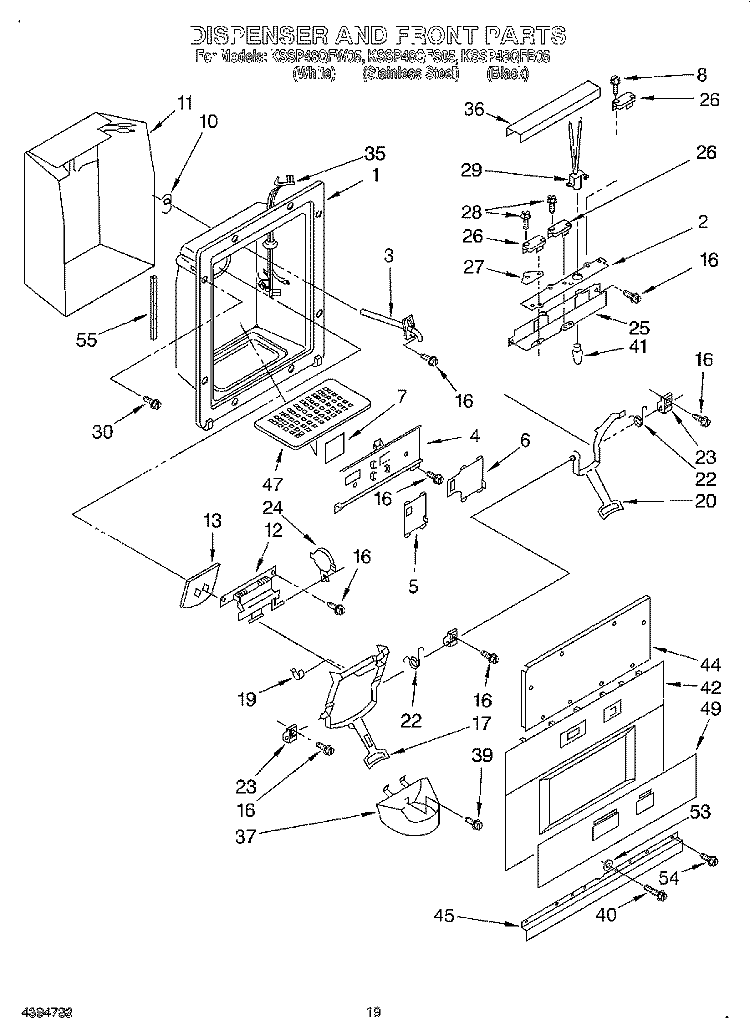 DISPENSER AND FRONT Diagram and Parts List for KSSP48QFB05  KitchenAid Refrigerator