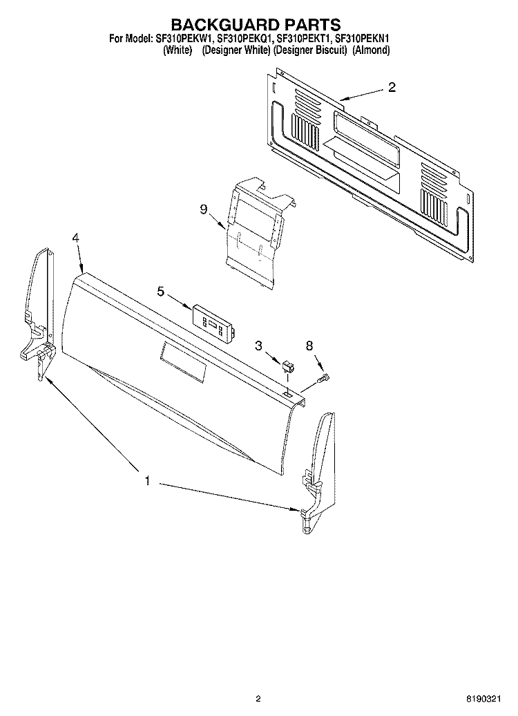 BACKGUARD PARTS Diagram and Parts List for SF310PEKN1  Whirlpool Range