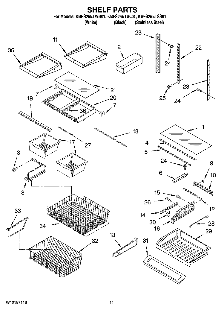 SHELF PARTS Diagram and Parts List for KBFS25ETSS01  KitchenAid Refrigerator