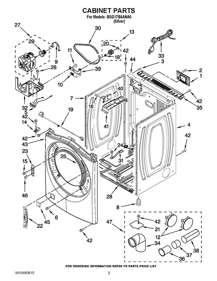 CABINET PARTS Diagram and Parts List for BSG17B6ANA0  Whirlpool Dryer