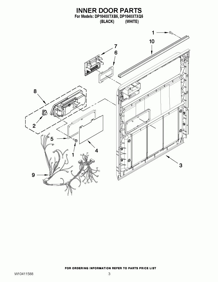 INNER DOOR PARTS Diagram and Parts List for DP1040XTXB5  Whirlpool Dishwasher