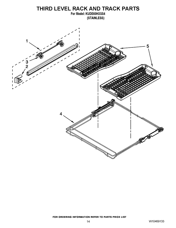 THIRD LEVEL RACK AND TRACK PARTS Diagram and Parts List for KUDE60HXSS4  KitchenAid Dishwasher