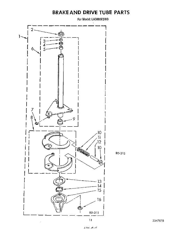 BRAKE AND DRIVE TUBE Diagram and Parts List for LA3800XSW0  Whirlpool Washer