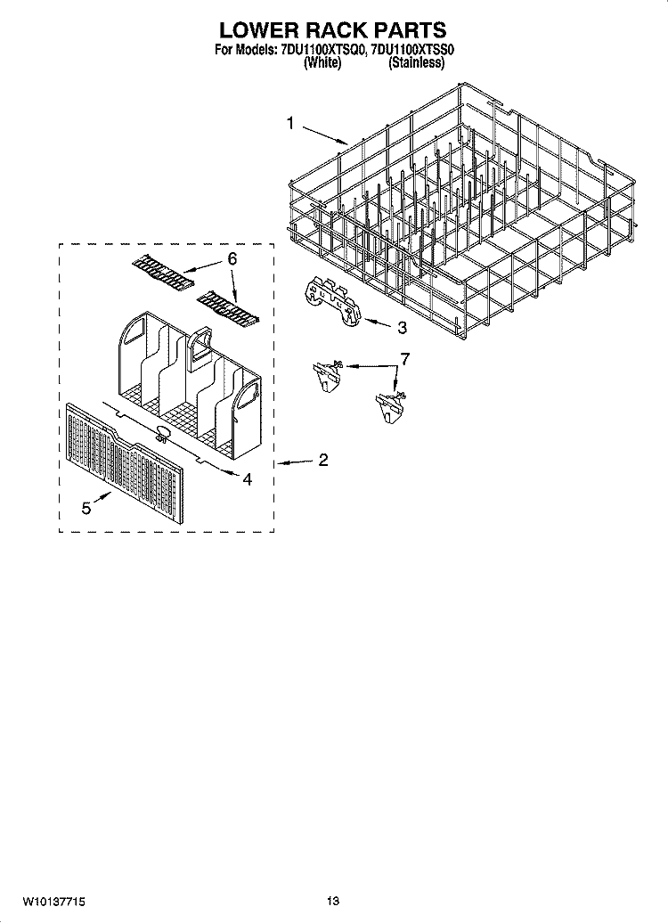 LOWER RACK PARTS, OPTIONAL PARTS (NOT INCLUDED) Diagram and Parts List for 7DU1100XTSQ0  Whirlpool Dishwasher