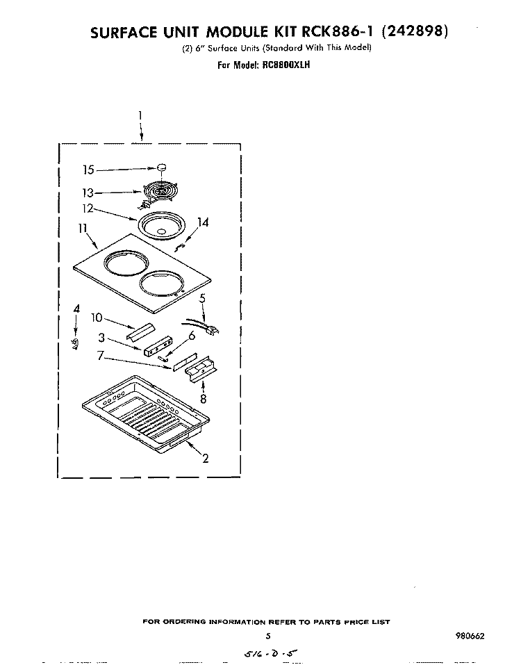 SURFACE UNIT RCK886-1 (242898) Diagram and Parts List for RC8800XLH  Whirlpool Cooktop