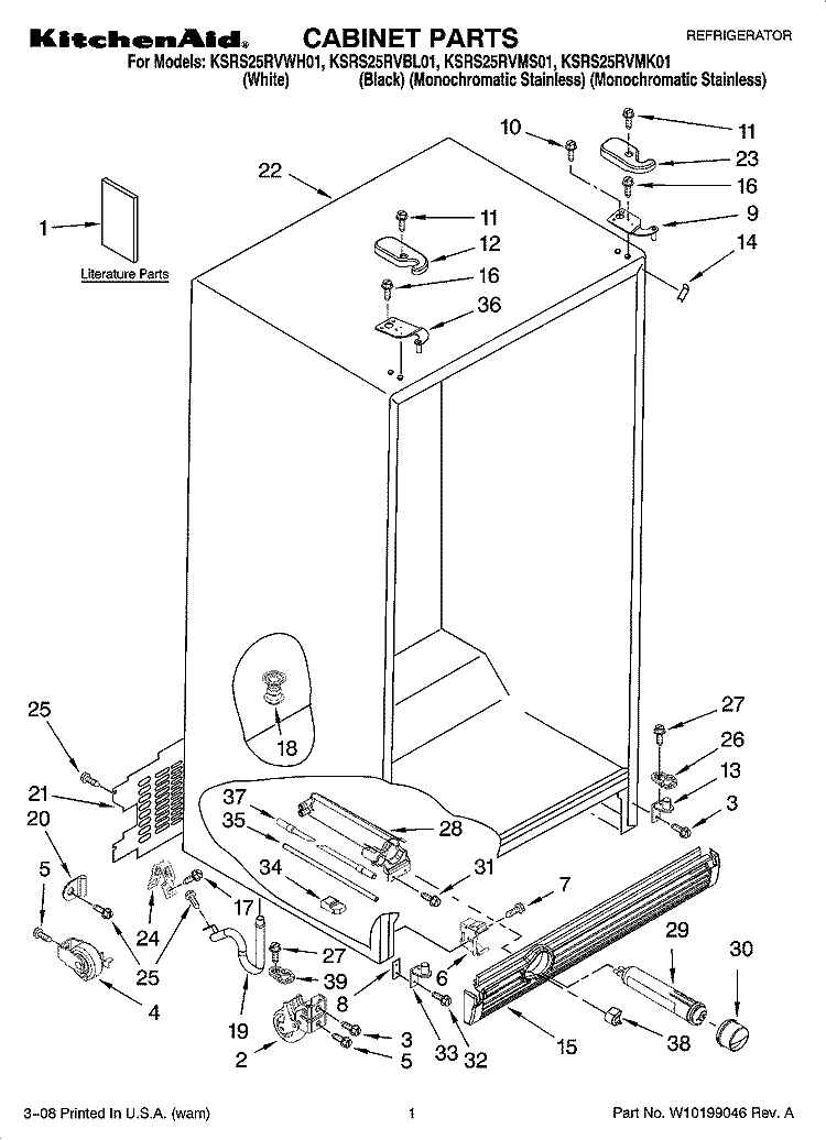 CABINET PARTS Diagram and Parts List for KSRS25RVBL01  KitchenAid Refrigerator