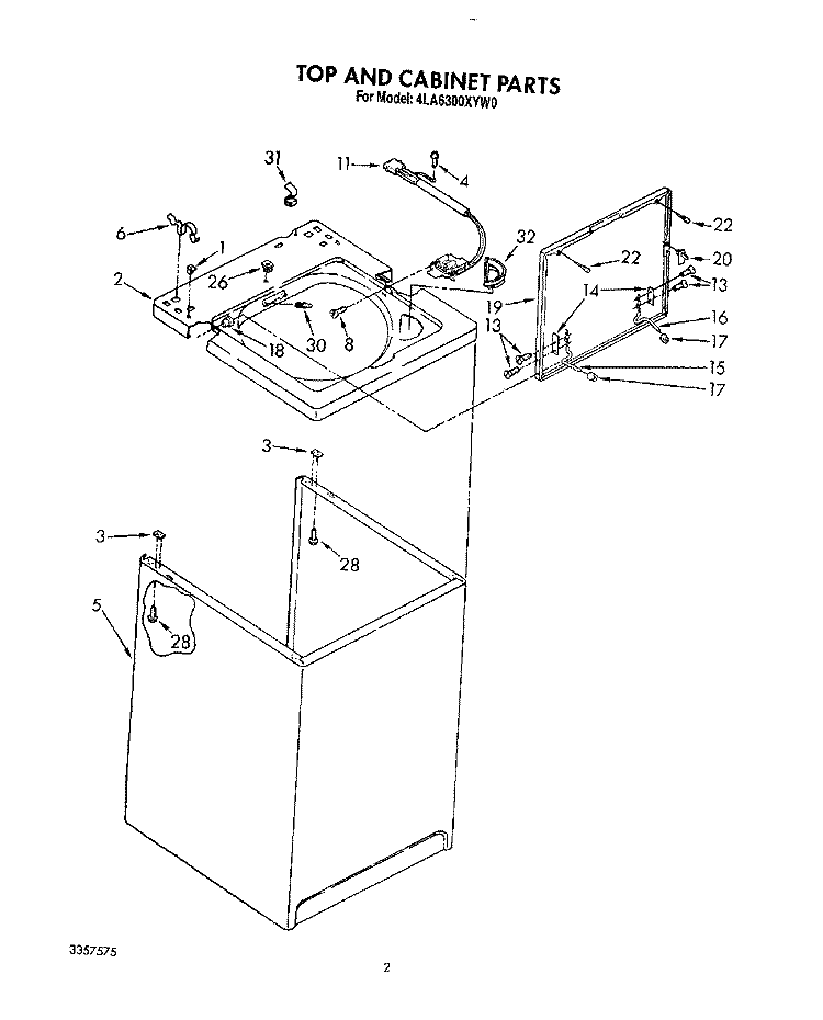 TOP AND CABINET, LIT/OPTIONAL Diagram and Parts List for 4LA6300XYN0  Whirlpool Washer